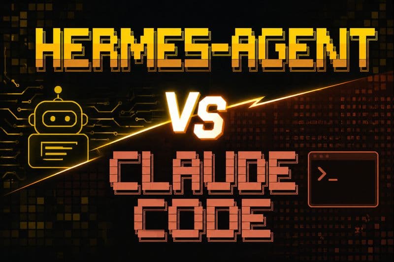 Retro pixel-style graphic reading Hermes-Agent vs Claude Code with robot and terminal icons